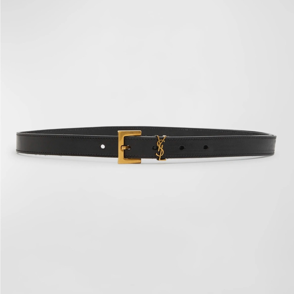 Yves Saint Laurent Cassandre Black Leather Belt with Gold Buckle Size 85/34
